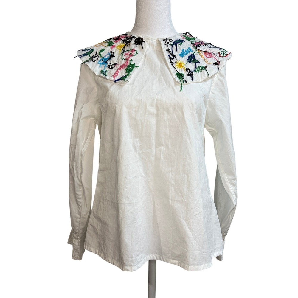 Mii Embroidered Collar White Long Sleeve Cotton Blouse Womens Small RARE